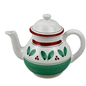 Caleca Teapot Red Berries Trim Green Leaves Band Stripe White Hand Painted Italy